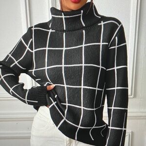 Black and White Grid Turtleneck Sweater